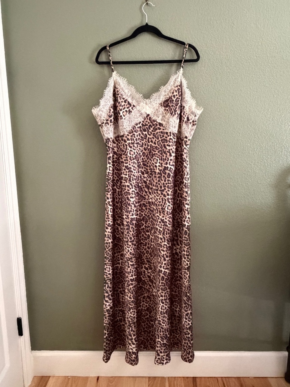 NWT The Loft Leopard Print Lace Trim Satin Midi Slip Dress